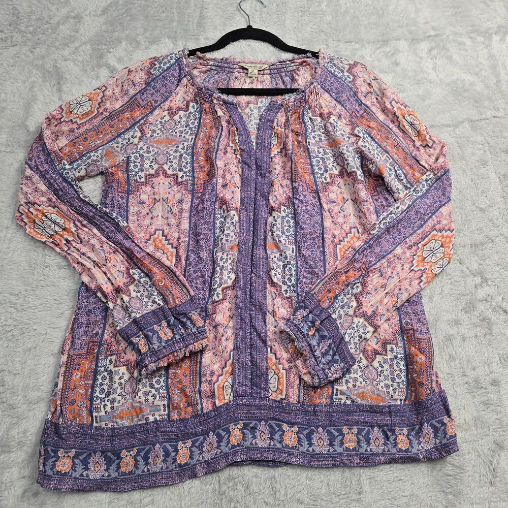 Lucky Brand Boho Peasant Blouse Sz M Purple Paisley Print Artsy Festival Relaxed